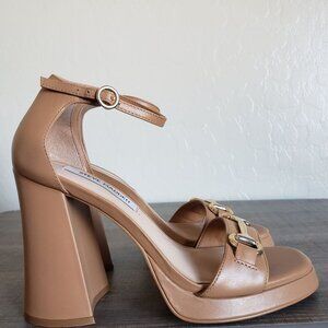 Steve Madden Tan Block Heel Sandals with Gold Buckle